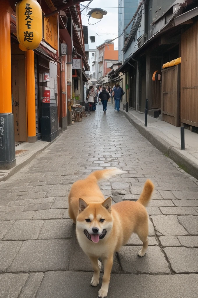 A lively Shiba Inu standing on a cobblestone road. This dog has bright orange fur.、Looking straight into the camera with tongue sticking out。, Gives a playful and happy look. The background depicts traditional Japanese architecture., Wooden buildings, Lantern, Signs, etc.,puppy,