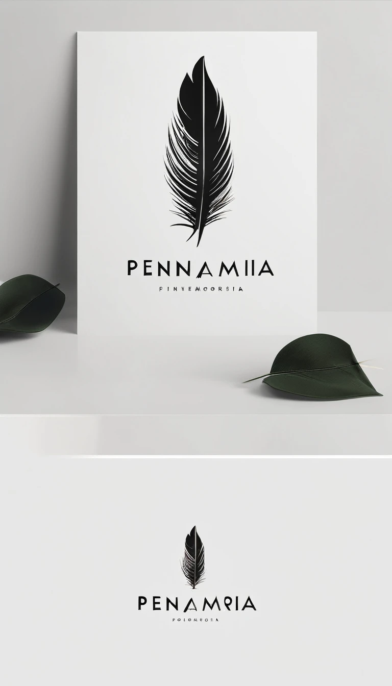 A minimal, modern, simple, cinematic logo design for the brand “Penamemoria". Create a modern, minimalistic, high-quality, logo of a feather that convey a sense of memories and dreams