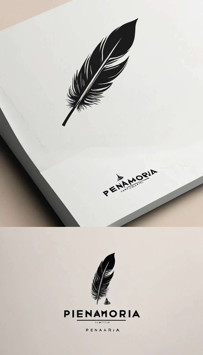 A minimal, modern, simple, cinematic logo design for the brand “Penamemoria". Create a modern, minimalistic, high-quality, logo of a feather that convey a sense of memories and dreams