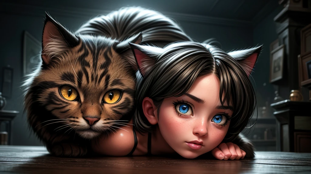 a giant cat, nekomata, startling a girl, beautiful detailed eyes, beautiful detailed lips, extremely detailed eyes and face, long eyelashes, portrait, intricate details, highly detailed, hyper realistic, 8k, masterpiece, dramatic lighting, moody atmosphere, eerie, surreal, supernatural, fantasy, cinematic, vivid colors, chiaroscuro