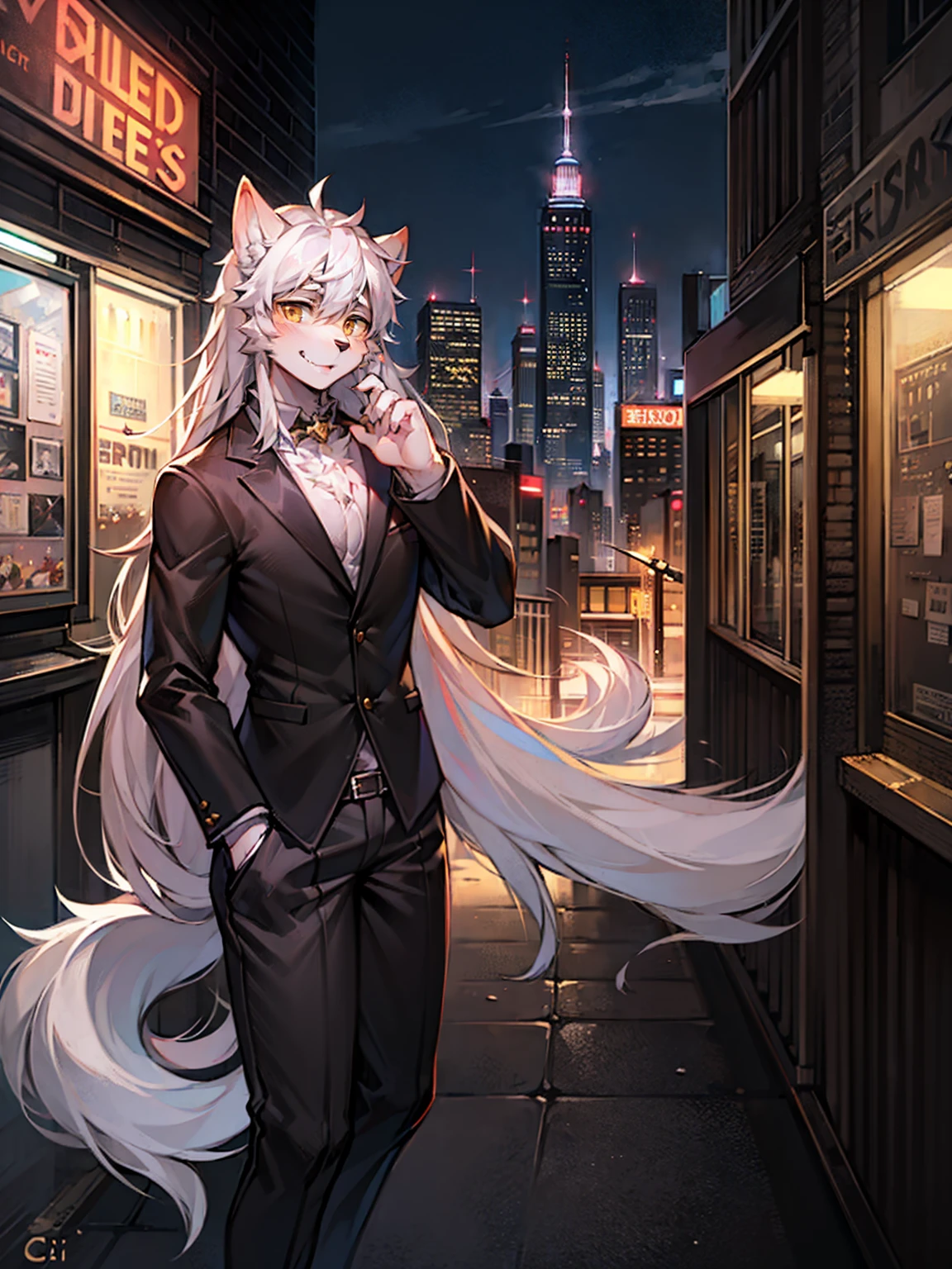 Gray Wolf,Long white hair,City,Golden pupils,Handsome,Get in better shape,Say hello by chance,Cai Xukun's