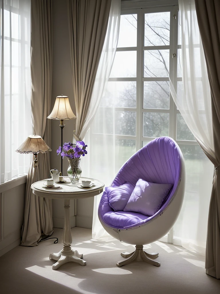 In the auxiliary table a vase with violets, a lamp with dim light, windows with curtains moving in the wind, spacious room, an 80 year old woman, in elegant pajamas sitting in an egg chair , drinking coffee.