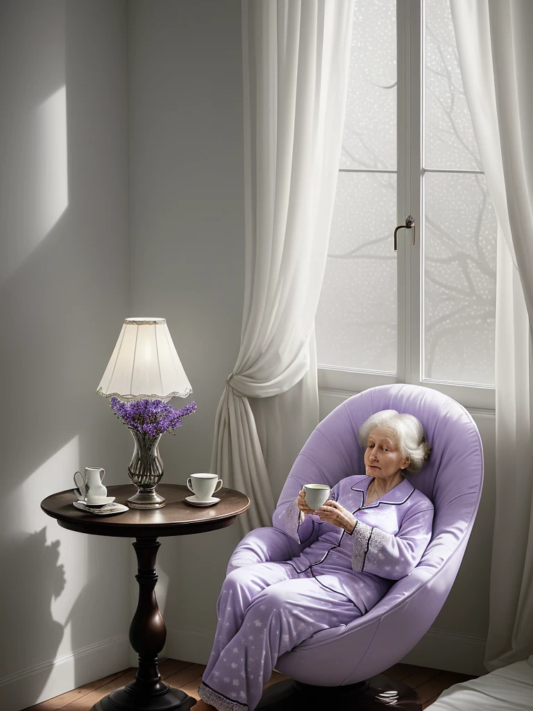 In the auxiliary table a vase with violets, a lamp with dim light, windows with curtains moving in the wind, spacious room, an 80 year old woman, in elegant pajamas sitting in an egg chair , drinking coffee.