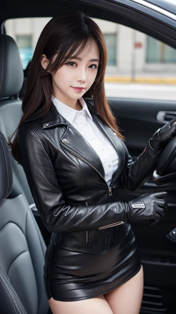 Black Leather Gloves　female secretary　Driver&#39;s seat of a car　Take the wheel　business suit