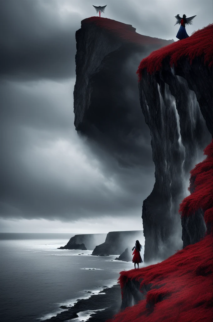 black and white and blue and red,(best quality, ultra-detailed, high resolution, extremely detailed cg),wide shot,dead angels stand on cliff edge,she is very beautiful,she like blood and sea,bloody rain, mystical,fanatic, intricate, surreal,delicate