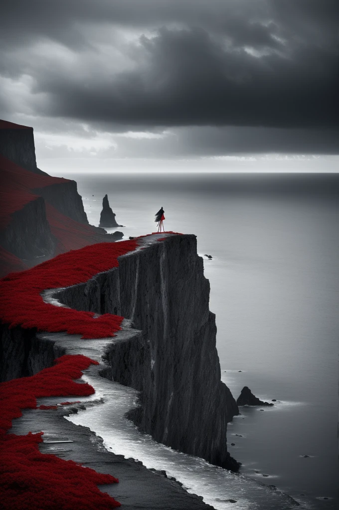 black and white and blue and red,(best quality, ultra-detailed, high resolution, extremely detailed cg),wide shot,dead angels stand on cliff edge,she is very beautiful,she like blood and sea,bloody rain, mystical,fanatic, intricate, surreal,delicate
