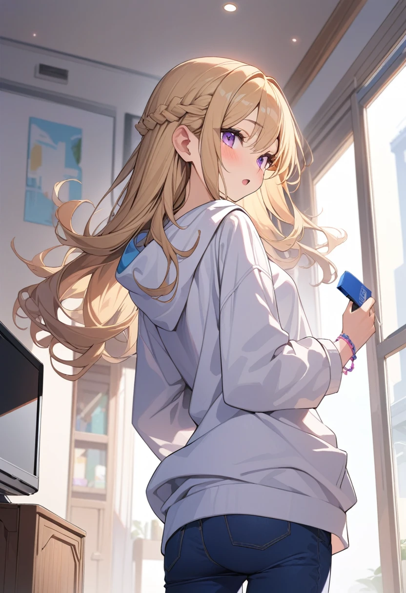 masterpiece, best quality, extremely detailed, ultra detailed, flat anime, 2D,
1girl, (young adult:1.2),blonde hair, (semi-long hair:1.2), curly hair, french braid, medium breasts, purple eyes, tsurime, height 1.7meters,
white hooded sweatshirt, jeans,bracelet, long sleeves,socks,
very interesting, open mouth, ((USB flash drive in hand)),
upper body, portrait, looking back
summer, livingroom, 12AM., standing