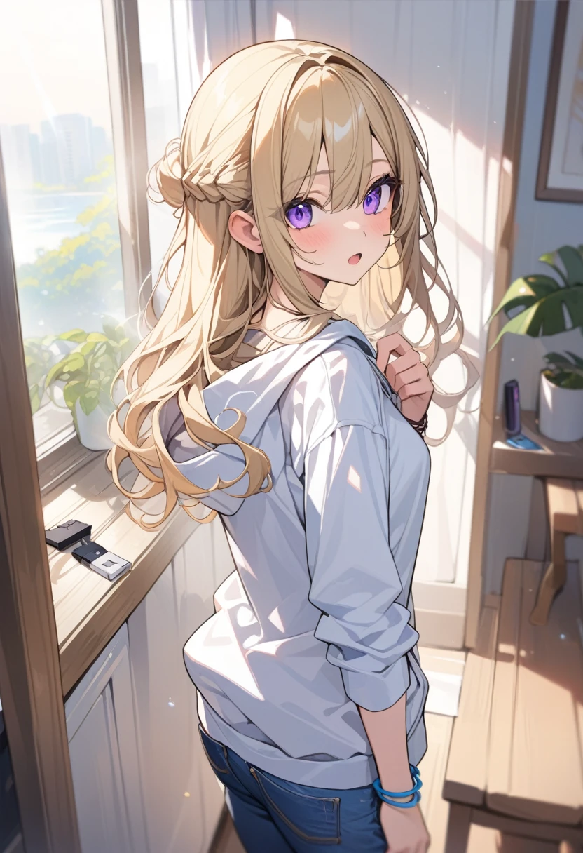masterpiece, best quality, extremely detailed, ultra detailed, flat anime, 2D,
1girl, (young adult:1.2),blonde hair, (semi-long hair:1.2), curly hair, french braid, medium breasts, purple eyes, tsurime, height 1.7meters,
white hooded sweatshirt, jeans,bracelet, long sleeves,socks,
very interesting, open mouth, ((USB flash drive in hand)),
upper body, portrait, looking back
summer, livingroom, 12AM., standing