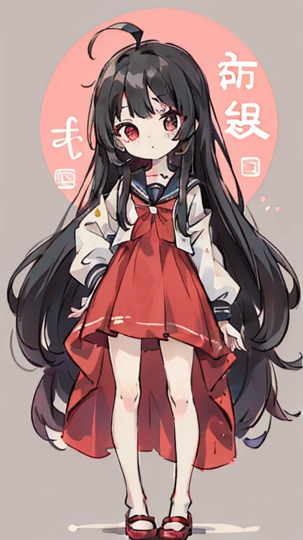 girl　Primary school students　Young Girl　小さいgirl　Height: 130cm　Standing picture Simple design　The dress is a one-piece　Long hair　Long Black Hair　Hair is black　Red eyes　Shoulder-baring ahoge
