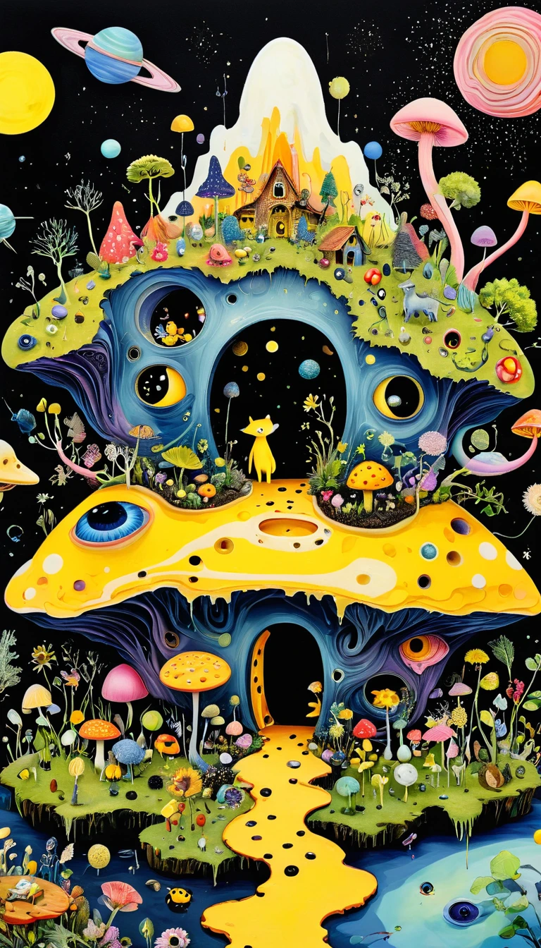 Intense visual fusion of various elements，broto，microorganism、plantar、Cheese house、Eye、wild animal life，Stitching an abstract painting，Describing the inner world of autistic people，Sense of space，blank space，interesting，innocence，psychedelic art，yellow and black,3d