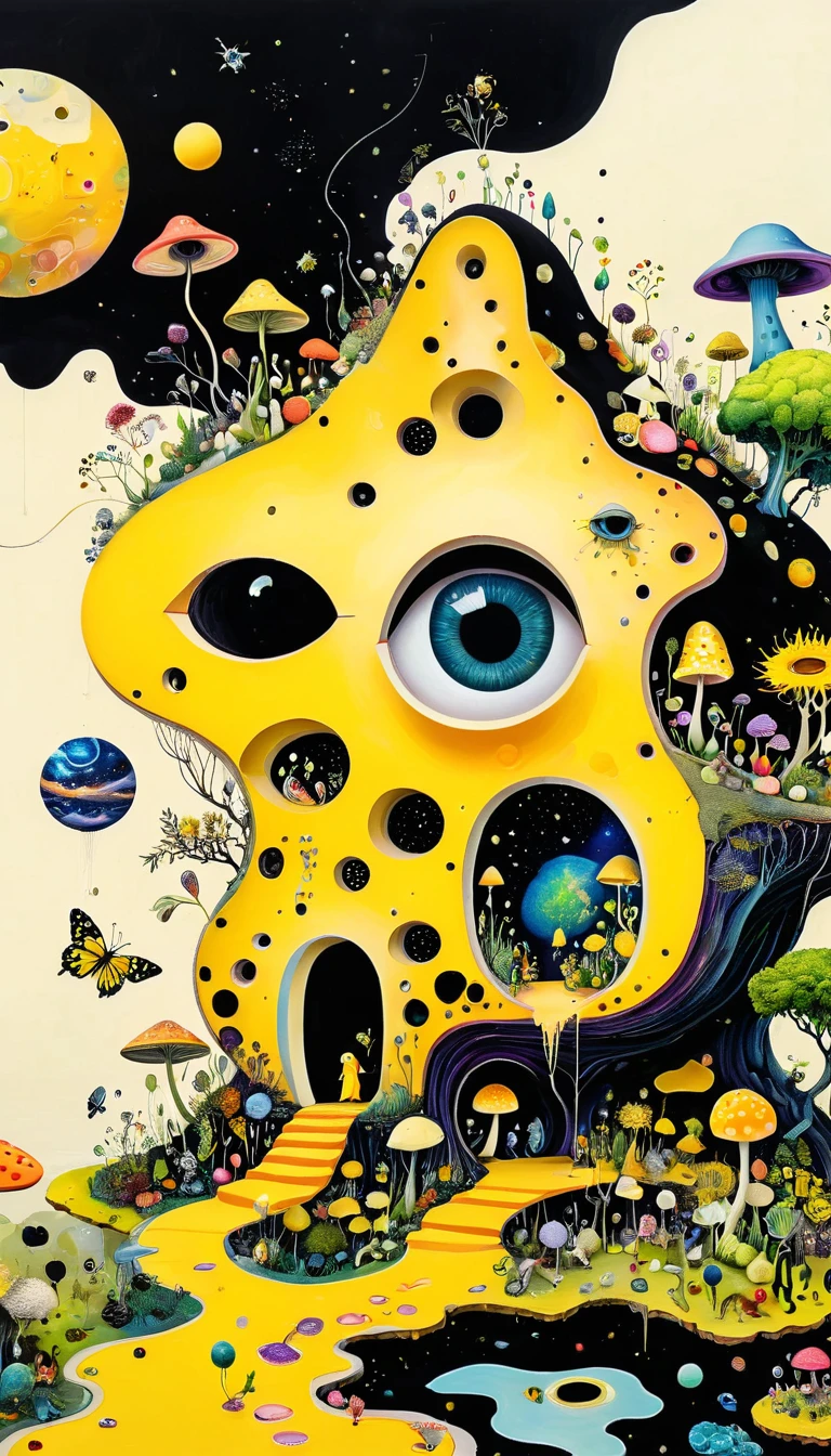 Intense visual fusion of various elements，broto，microorganism、plantar、Cheese house、Eye、wild animal life，Stitching an abstract painting，Describing the inner world of autistic people，Sense of space，blank space，interesting，innocence，psychedelic art，yellow and black,3d