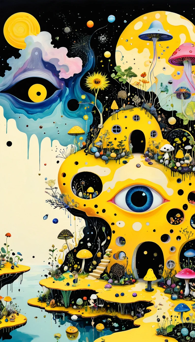 Intense visual fusion of various elements，broto，microorganism、plantar、Cheese house、Eye、wild animal life，Stitching an abstract painting，Describing the inner world of autistic people，Sense of space，blank space，interesting，innocence，psychedelic art，blue and yellow and black,