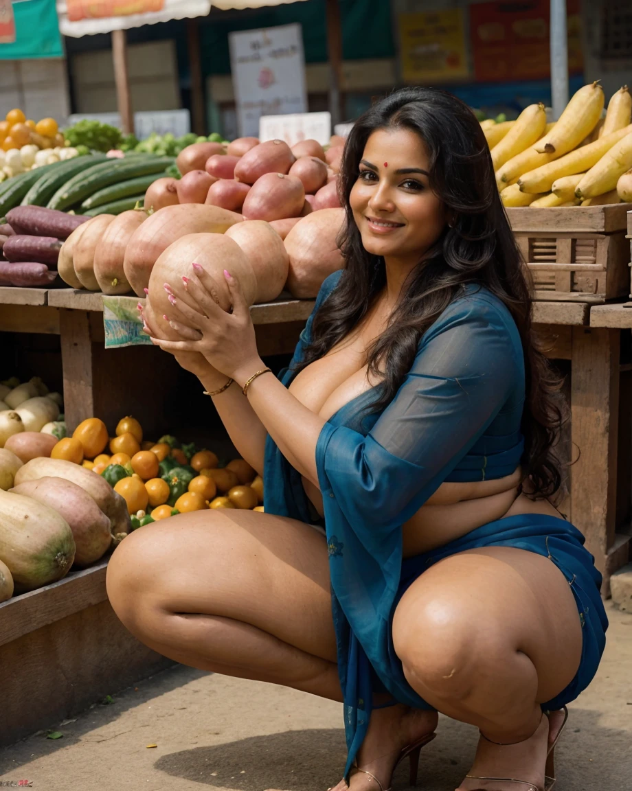 A beautiful gorgeous plump Indian 45-year-old woman wearing saree, huge sexy breast, long hair, cleavage, hot sexy body curves, smiley face, squatting pose in vegetable market , side view