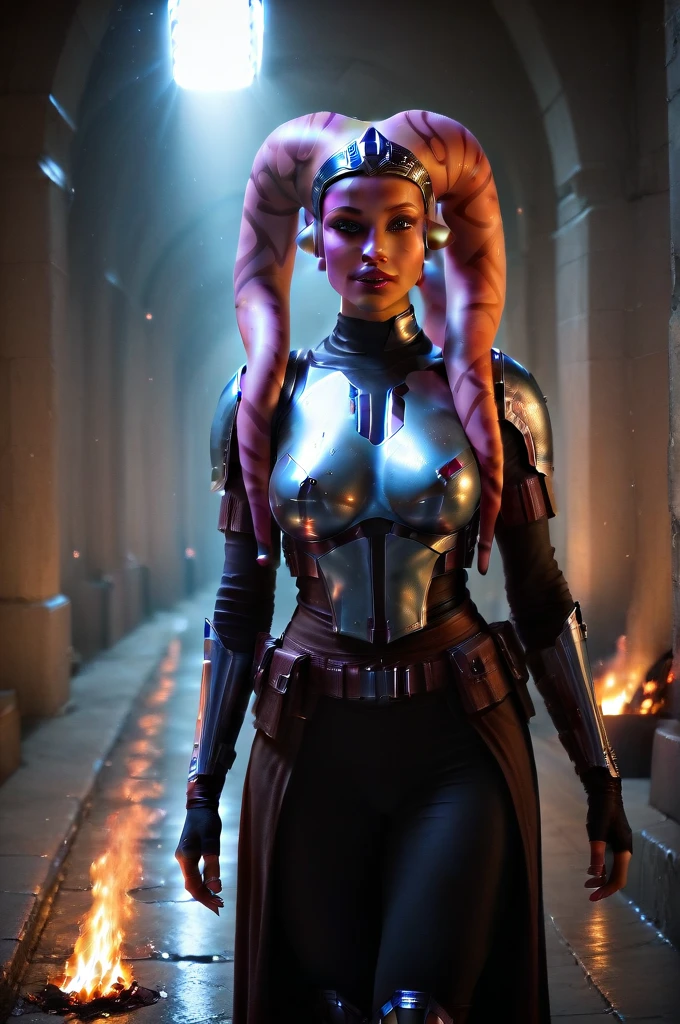 a ((fall body)) ((female twi'lek ))mandalorian,walking on fire, beautiful detailed eyes, beautiful detailed lips, extremely detailed face, long eyelashes, mandalorian armor, sci-fi, cinematic lighting, dramatic, epic, intricate details, hyper-realistic, 8k, high-quality, photorealistic