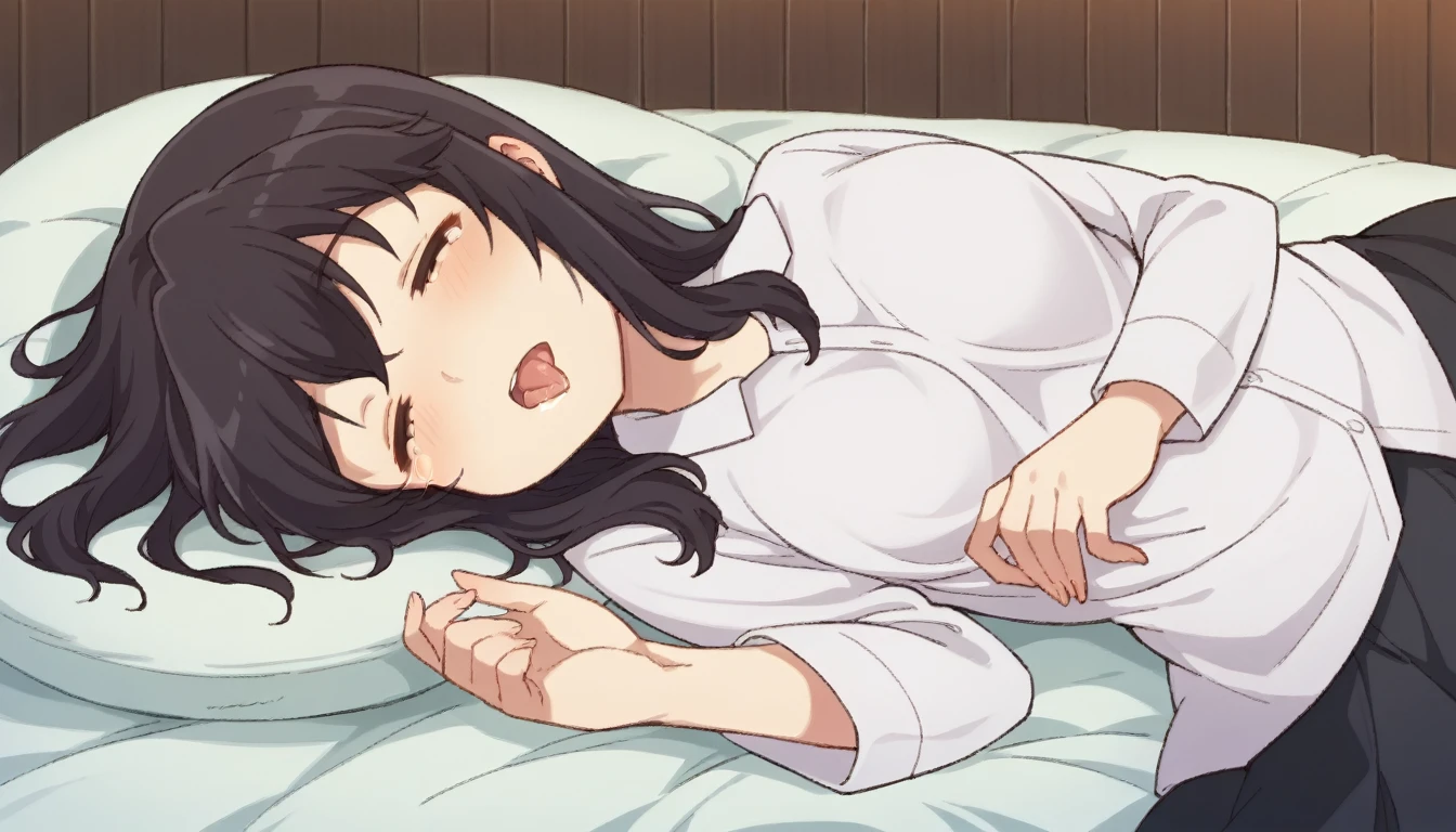 1girl, animegirl, solo, ichijou hotaru, ichijou hotaru from non non biyori, laying on her back on the bed, ((almost asleep eyes half lidded)), mouth wide open, tongue out, ((tongue out)), ((saliva dripping from tongue)), ((crying with eyes wide open)), (( out of breath)), wearing Underwear