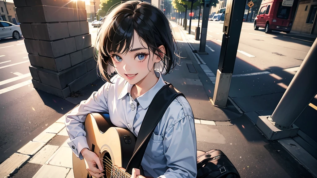 (perfect anatomy:1.2)(absurdres, highres, ultra detailed),masterpiece,best quality,high resolution,8k,Realistic face,Realistic skin texture,magnified textures, stunning clarity,detailed anime girl,(ultra detailed eyes and face),(1 girl:1.5)21years old,she is office worker,,black hair, bob cut,natural make,grey jacket,grey pants,white brouse,sparkling eyes.small nose,roundface,(Plays the acoustic guitar on the street:1.4),night,bussines district,she is walking,(looks happy:1.5),feeling freedom,(smile:1.5),(look at viewer),upper body