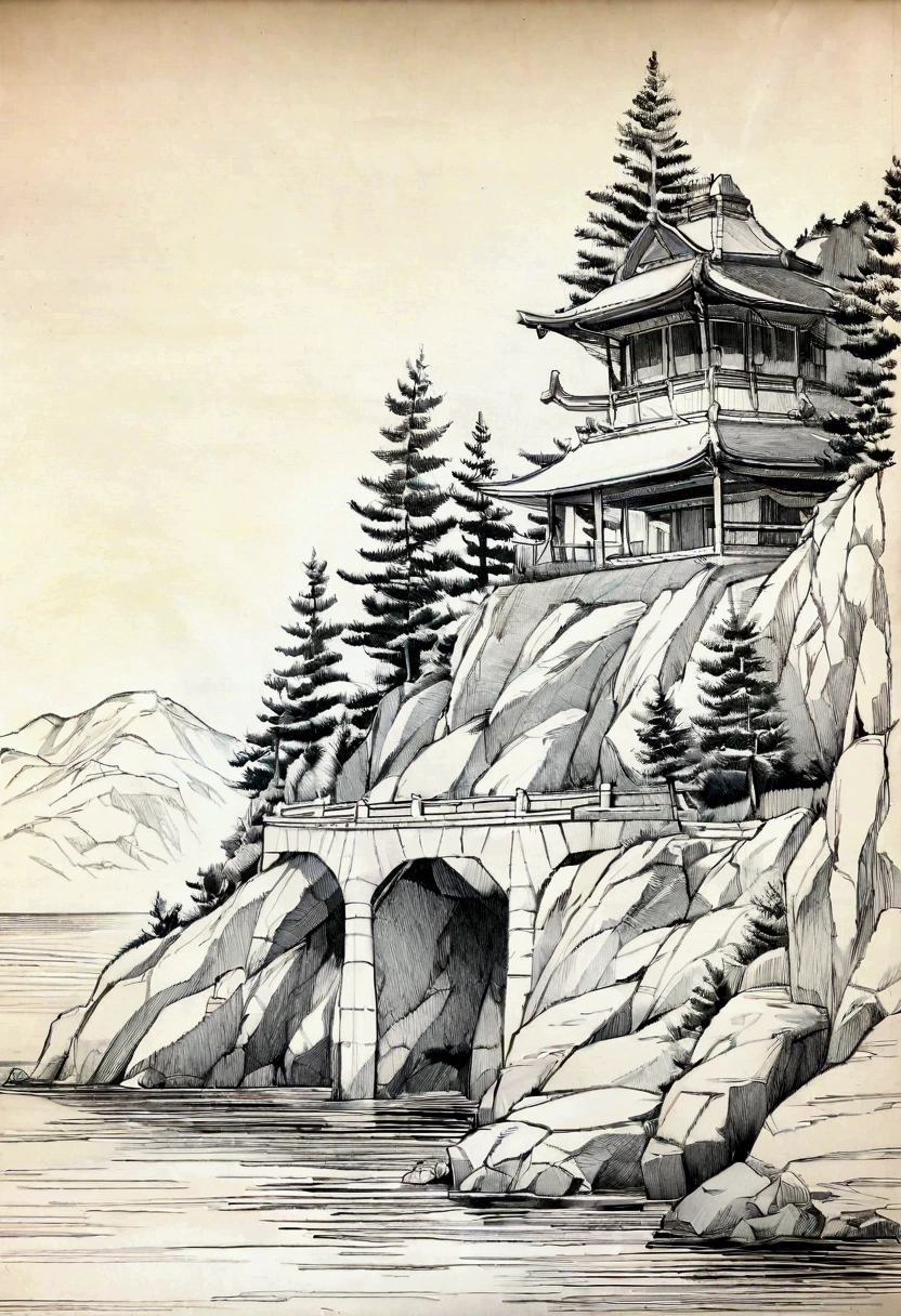 Create a coloring book style illustration of the red Rokkakudo pavilion perched on a cliff by the sea. The image should include the pavilion, calm waters, rocky cliffs, and pine trees, depicted with clean lines and no shading, ready to be colored in. The scene should closely match the provided reference image, maintaining the composition and details.
