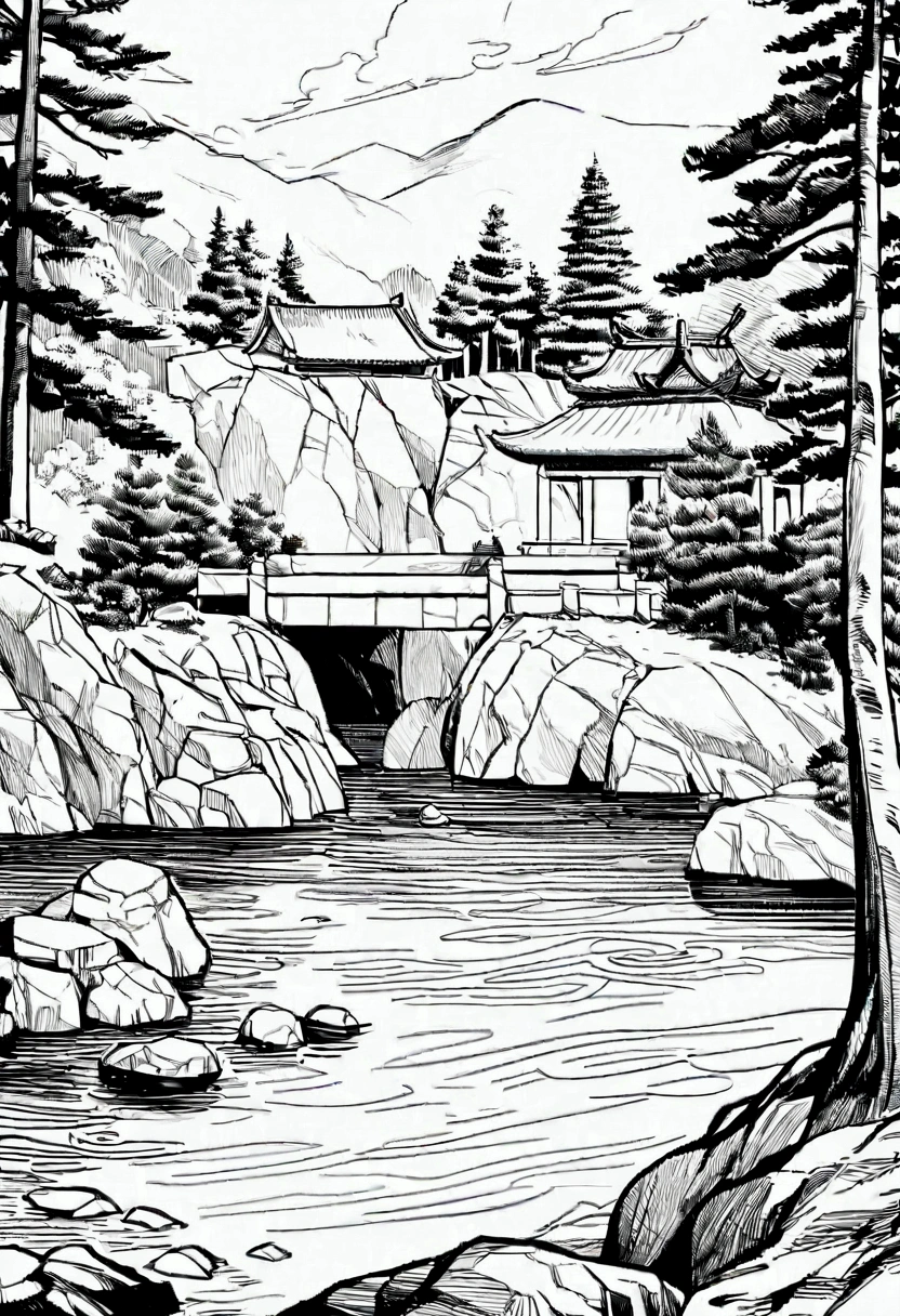 Create a coloring book style illustration of the red Rokkakudo pavilion perched on a cliff by the sea. The image should include the pavilion, calm waters, rocky cliffs, and pine trees, depicted with clean lines and no shading, ready to be colored in. The scene should closely match the provided reference image, maintaining the composition and details.