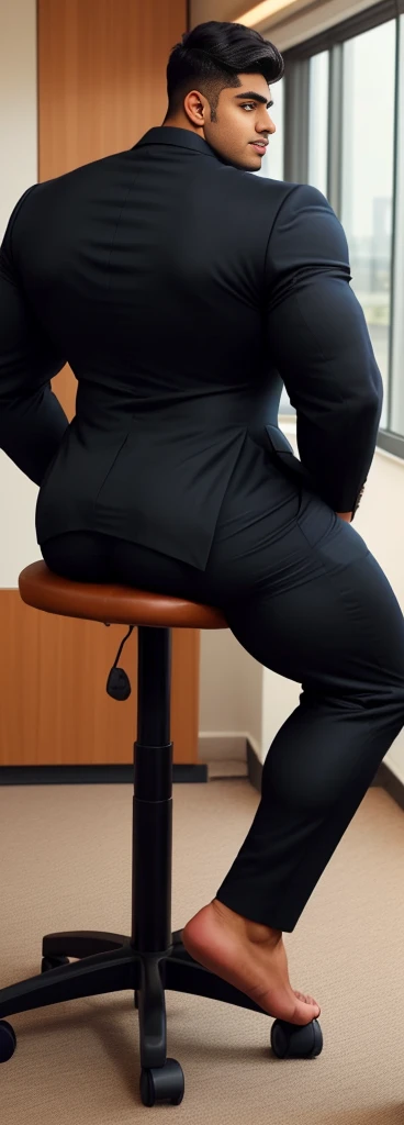 4 meter tall slightly overweight indian men. 20 years old. Childish Young hairless fresh face. In london with friend. Very sexy Posing for camera. Muscular. Wearing a tight black and office suit . Big ass. Smooth body and face. Belly seen. Long long legs. Sitting on chair. View from the back.