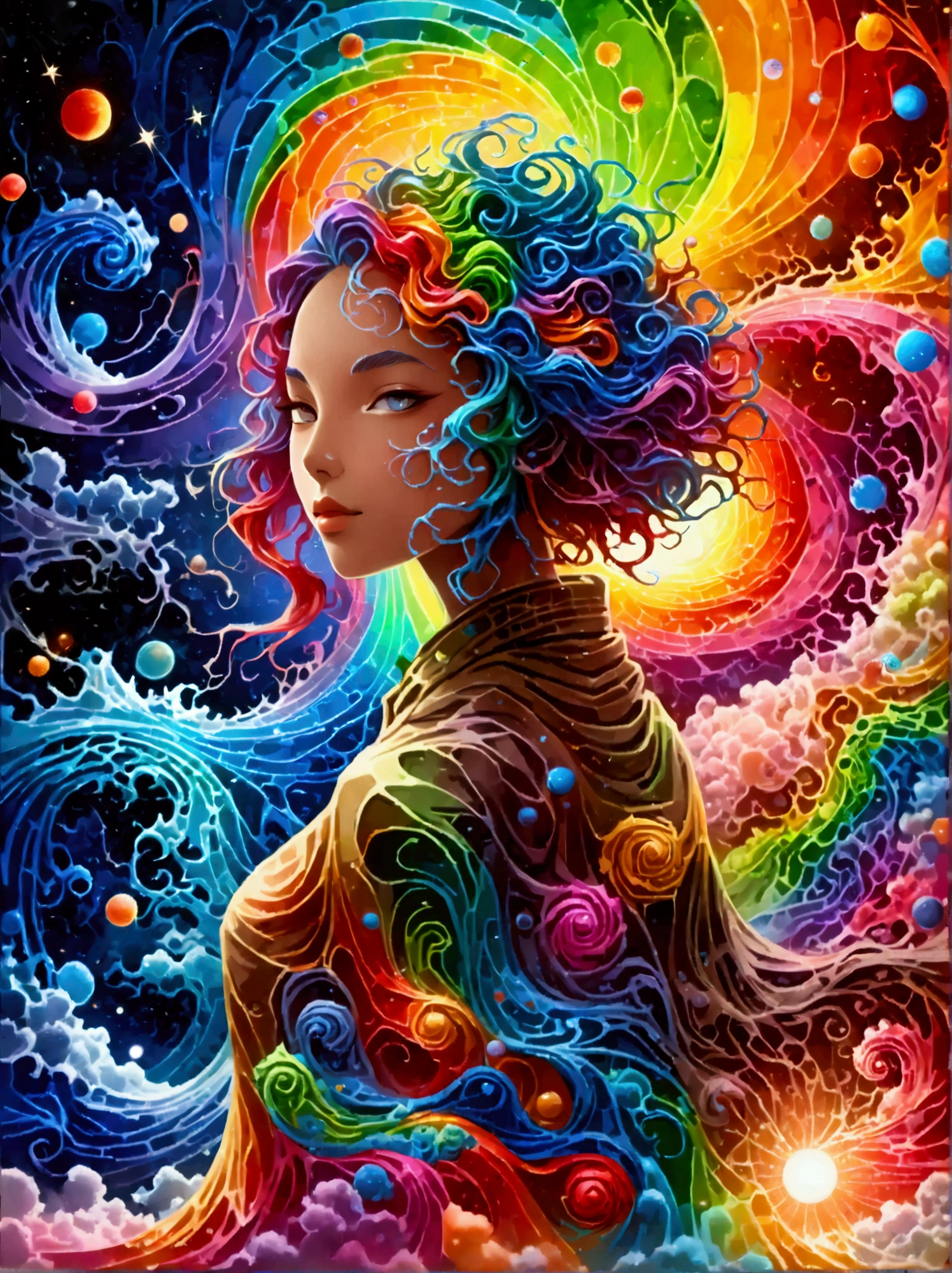 (Psychedelic painting of a beautiful girl standing in front of a colorful swirl:1.5), (Hip-hop pose:1.9)，Official Art，(Aesthetics and aesthetics:1.2)，(Fractal Art:1.3)，(Chinese girl&#39;s facial features，Extremely beautiful facial features:1.8)，Elegant dress，(Front view:1.9)，(Top photographers shoot full body shots with wide-angle lenses:1.5)，Looking at the audience，(Rainbow hair，Hair color，Half blue and half pink hair:1.2)，water，liquid，cloud，Bright colors，Like a star，masterpiece，Best quality，Anatomically correct，Textured Skin，Super Detail，8k，high resolution，Vibrant colors, Thick Line, wave, Multi-layer, prospect, view, fractal thunder dan mumford , Dan Mumford and Alex Grey Styles, Inspired by Cyril Rolando，Psychedelic Surreal Art, Surreal psychedelic design, Dream Art Style,  Psychedelic Art, Infinite psychedelic waves