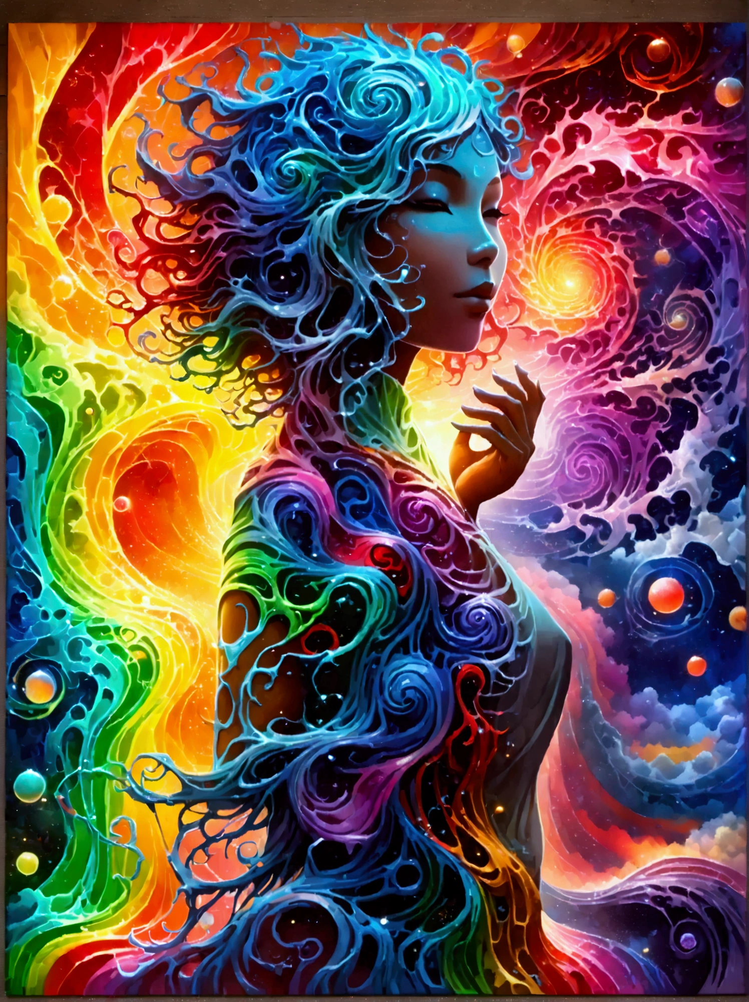 (Psychedelic painting of a beautiful girl standing in front of a colorful swirl:1.5), (Hip-hop pose:1.9)，Official Art，(Aesthetics and aesthetics:1.2)，(Fractal Art:1.3)，(Chinese girl&#39;s facial features，Extremely beautiful facial features:1.8)，Elegant dress，(Front view:1.9)，(Top photographers shoot full body shots with wide-angle lenses:1.5)，Looking at the audience，(Rainbow hair，Hair color，Half blue and half pink hair:1.2)，water，liquid，cloud，Bright colors，Like a star，masterpiece，Best quality，Anatomically correct，Textured Skin，Super Detail，8k，high resolution，Vibrant colors, Thick Line, wave, Multi-layer, prospect, view, fractal thunder dan mumford , Dan Mumford and Alex Grey Styles, Inspired by Cyril Rolando，Psychedelic Surreal Art, Surreal psychedelic design, Dream Art Style,  Psychedelic Art, Infinite psychedelic waves