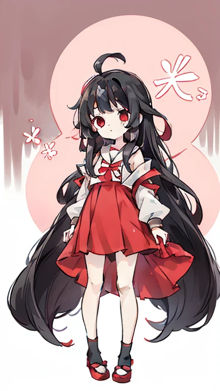 girl Primary school students Young Girl 小さいgirl Height: 130cm Standing picture Simple design The dress is a one-piece Long hair Long Black Hair Hair is black Red eyes Shoulder-baring ahoge