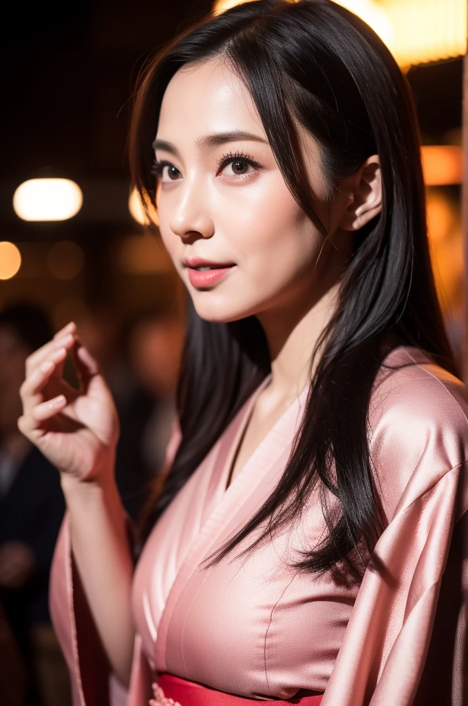 Surrealism, High detail, Cinema Lighting, Ray Tracing, viewing angle, Eye-level shot, Hyper HD, masterpiece, Textured skin, 4K, Highest quality, Beautiful woman in kimono, Background of the Danjiri Festival in Kishiwada, Osaka Prefecture, Japan、A glamorous atmosphere、great Joy、