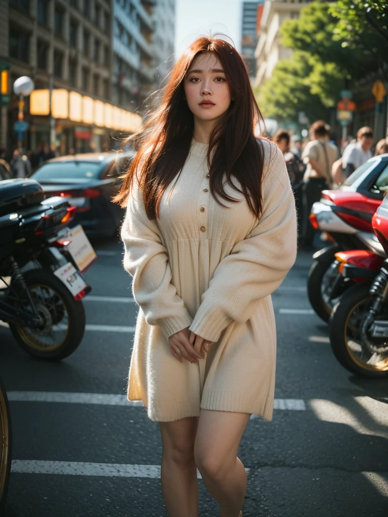 full body shot, Best quality, a 20y (chubby:1.3) kazak women, wearing (bohemian woolen dress:1.3), big breast, (sexy:1.2) (redhead:1.2) hair blowing in the wind, moody atmosphere, sunlight exposure, beautiful shadow, intricate posing in the (crowded city:1.4), (motion blur:1.3), perfect object, perfect anatomy, kodacrhome, cinematic, natural, perfect direct of photography, realistic face and eyes, realistic skin, ultra highly detailed, sharp focus, beautiful film bokeh, surreal view, (candid style:1.2), shot by zenit camera with 35mm lens, Portrait by annie leibovitz