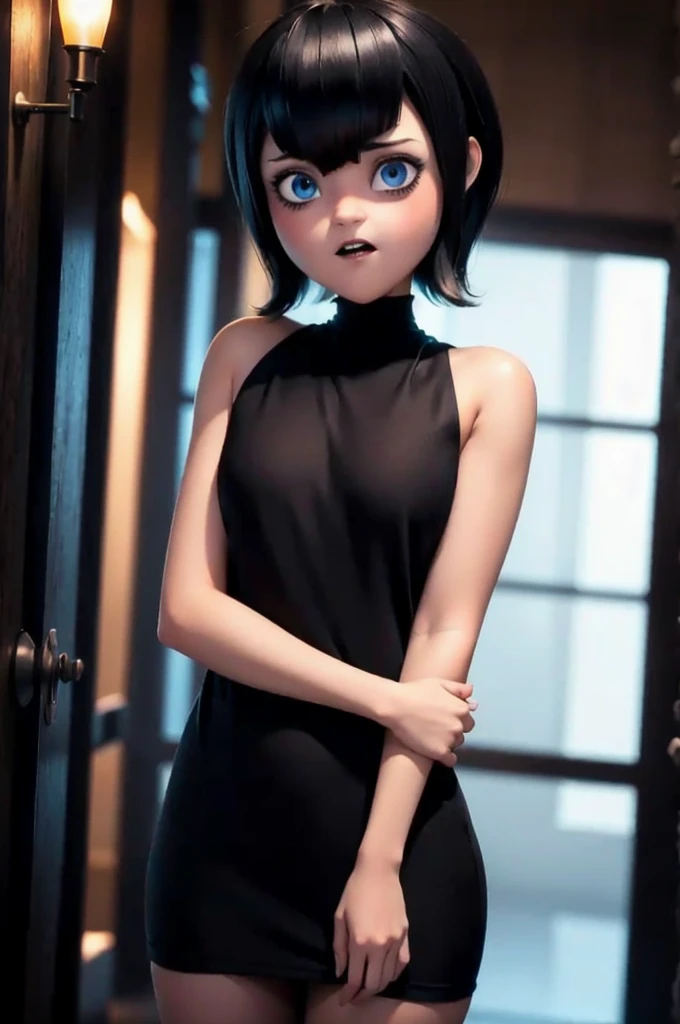 NSFW, 8k,High resolution, 1 girl, tmavis, inside, room light, Front view, black dress, Upper part of the body, face, naked tits, without clothes on the chest, bare chest, bare chest, detailed breasts, flat tits, , quality tits