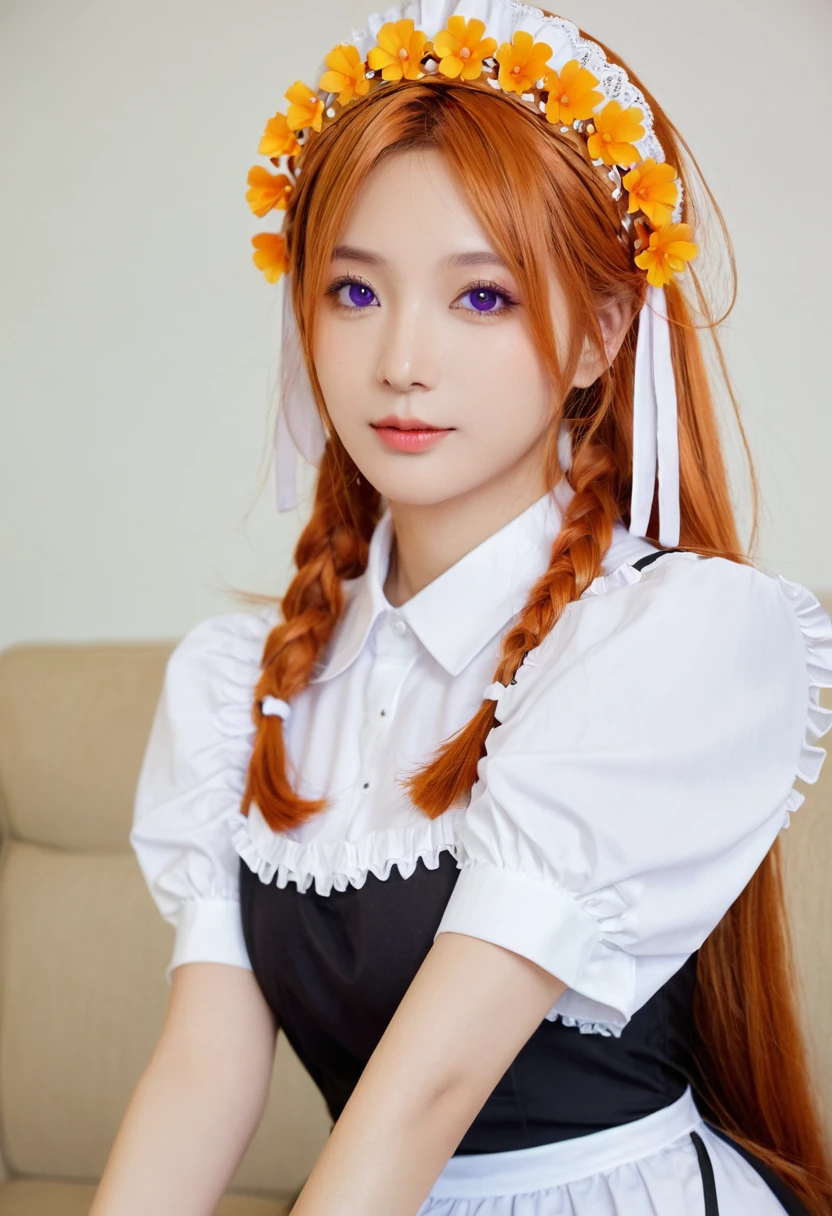 masterpiece, best quality, 1 Girl, Purple Eyes, Orange Hair,maid headdress, maid,