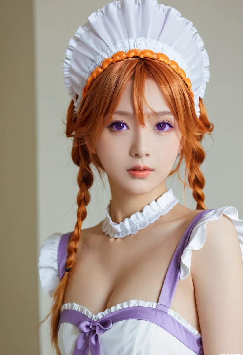 masterpiece, best quality, 1 Girl, Purple Eyes, Orange Hair,maid headdress, maid,
