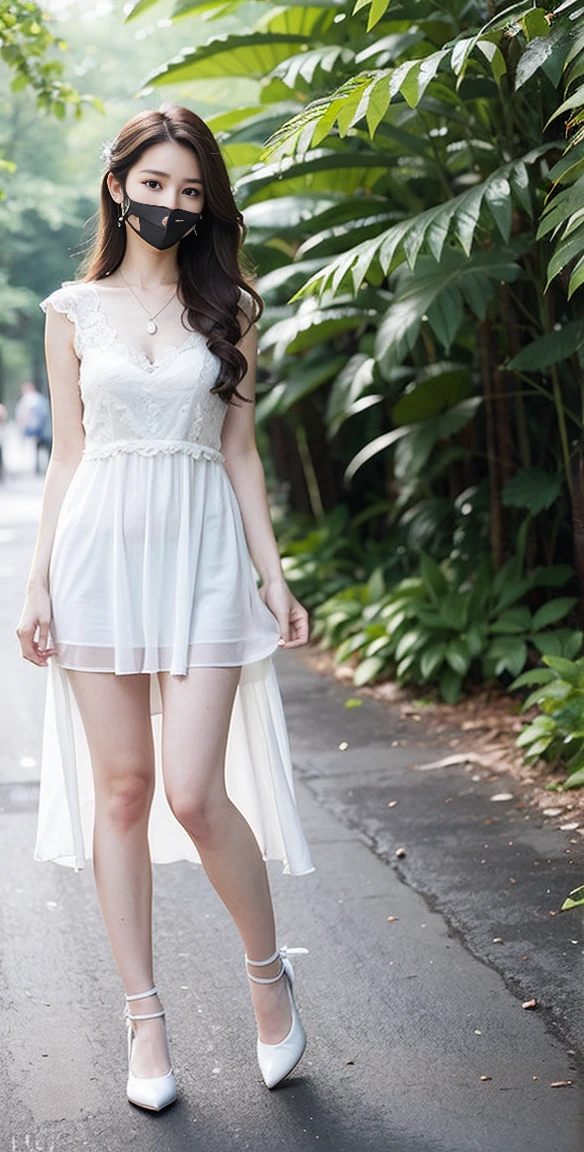 1girl, 独奏, long hair, looking at viewer, smile, brown hair, dress, brown eyes, standing, full body, outdoors, parted lips, shoes, sleeveless, day, white dress, lips, white footwear, realistic, road, (A girl in the forest), 