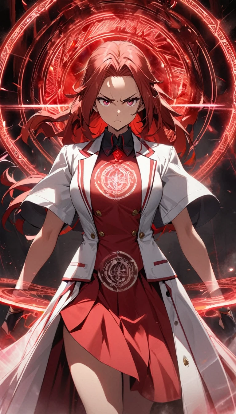 1girl,matured,red curtain hair forehead,small eyes, ,white blazer with logo,white high waisted skirt,red glowing eldritch magic circle, serious, perfect body, standing 