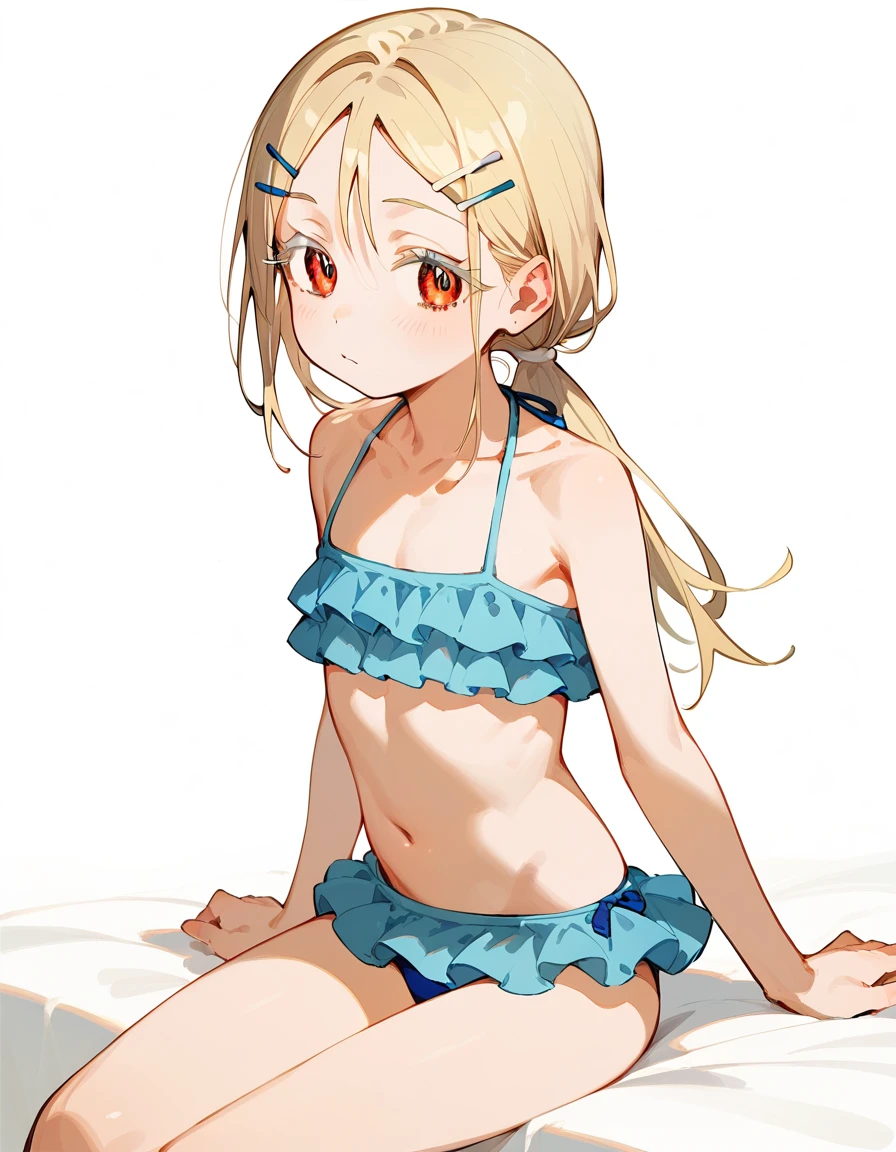 Highest quality, masterpiece, No correction, Beark 1 dhibi girl,shinosawa hiro,thin,Orange eyes,White eyelashes,Blonde,Long Hair,Hair Clip,flat chest,white background,frilled bikini,blue bikini,low ponytail,sitting,