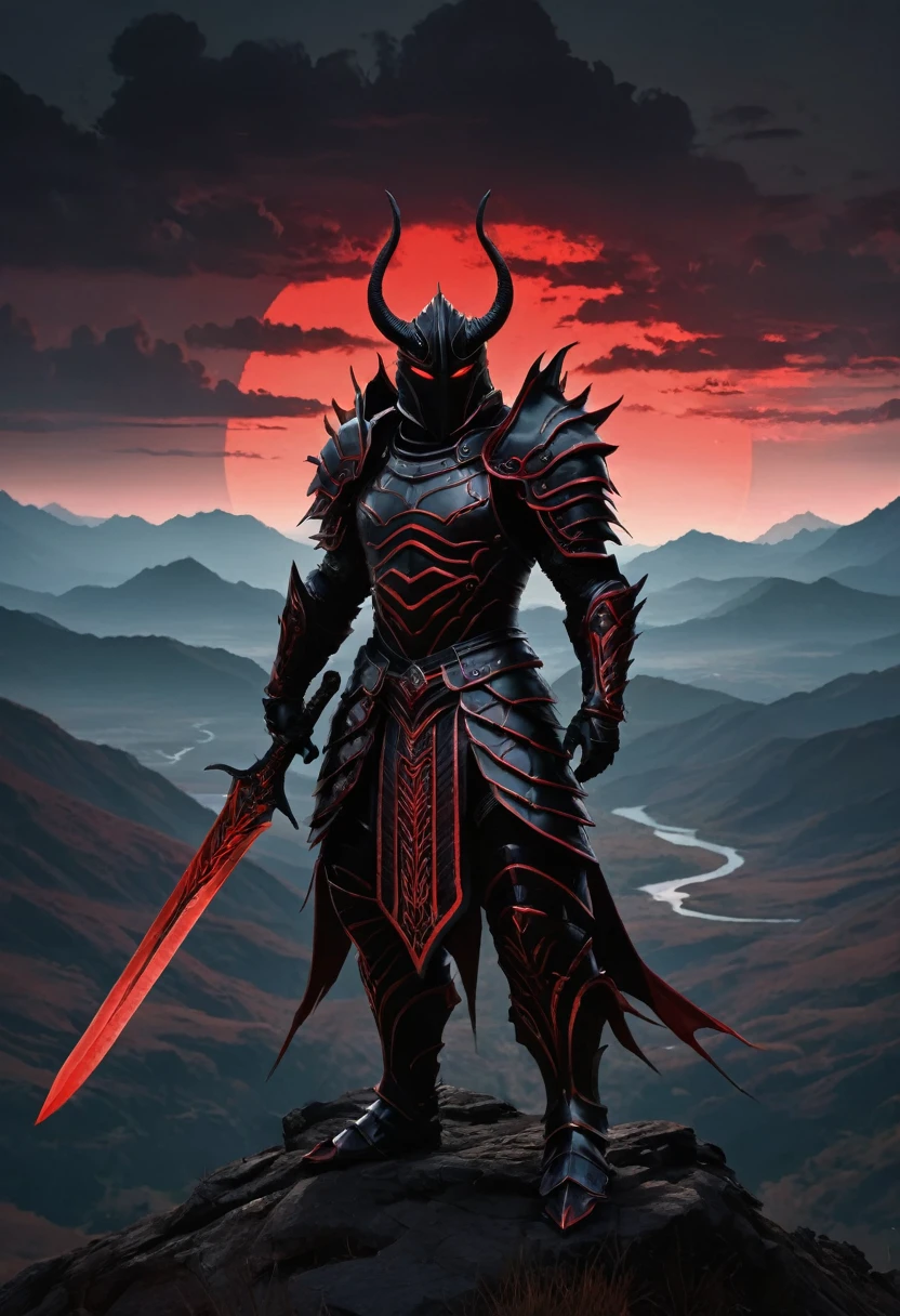 A man in intricate red and black corrugated armor stands imposingly. His armor, covered in sharp ridges and dark creases, gleams menacingly. He wields a shadowy black-red sword, emitting a sinister glow. He overlooks a vast valley filled with monstrous creatures. The scene is set in eerie twilight, with a sense of impending doom in the air.