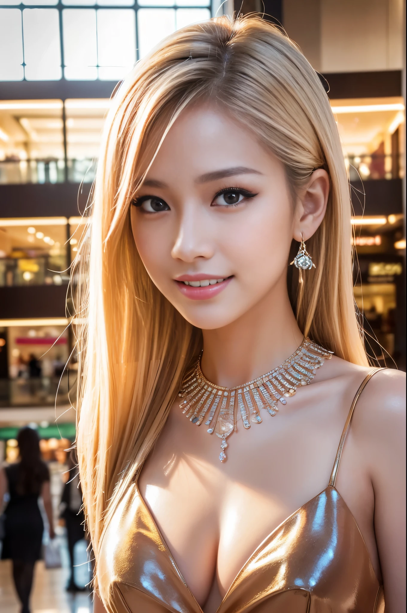 (masterpiece:1.4), (best quality:1.4), ultra high res, ultra high resolution, ((detailed facial features)), HDR, (realistic, photorealistic, photo-realistic:1.37), closeup, sexy seductive Thai woman, (seductive smile), long lashes, beautiful makeup, platinum blonde hair, fair skin, slender figure, elegant posture, wearing large sparkling colorful jewelry, wearing a business style leather dress, standing in a large shopping mall, gentle sunlight shining through the shopping mall windows, casting a soft glow on her face, adding warmth to the scene, vibrant colors, capturing the essence of vibrant city life, portrait style, showcasing her natural beauty and grace in a feminine way