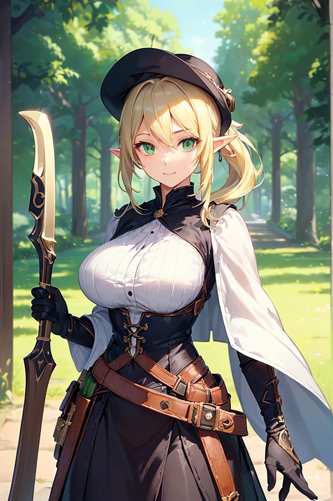 (((masterpiece; best quality: 1.2))), (finely detailed eyes: 1.3), (25 year old elf woman), (solo), (green eyes: 1.4), (body; big breasts, fit, femenine: 1.3), (silky blonde hair in low ponytail: 1.3), (beautiful and clear background: 1.2), ((depth of field)), (equipment: adventurer garb + modest + elegant wide-brimmed hat + dark blouse + dark cape + black long skirt + gloves + belt + pouches: 1.3), (anime illustration: 1.2), (background composition; royal garden: 1.1), (extremely fine and beautiful: 1.1), (shot composition; standing + centered on torso + close-up: 1.5), (expression; calm, smile: 1.2)