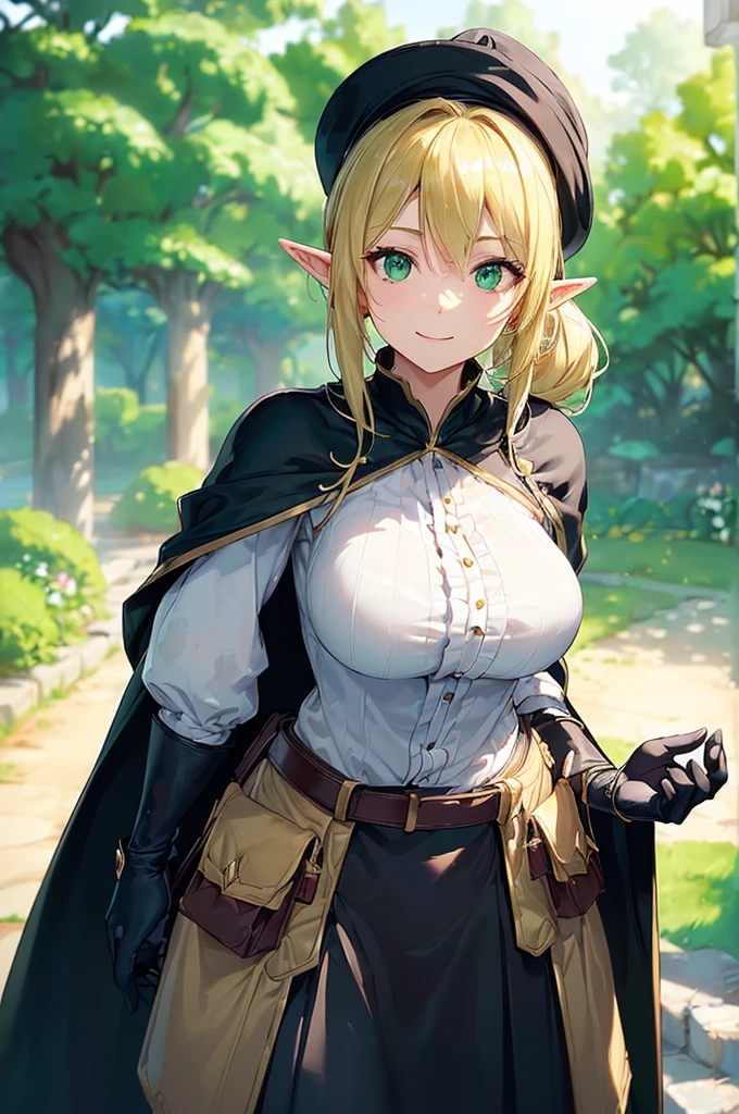 (((masterpiece; best quality: 1.2))), (finely detailed eyes: 1.3), (25 year old elf woman), (solo), (green eyes: 1.4), (body; big breasts, fit, femenine: 1.3), (silky blonde hair in low ponytail: 1.3), (beautiful and clear background: 1.2), ((depth of field)), (equipment: adventurer garb + modest + elegant wide-brimmed hat + dark blouse + dark cape + black long skirt + gloves + belt + pouches: 1.3), (anime illustration: 1.2), (background composition; royal garden: 1.1), (extremely fine and beautiful: 1.1), (shot composition; standing + centered on torso + close-up: 1.5), (expression; calm, smile: 1.2)