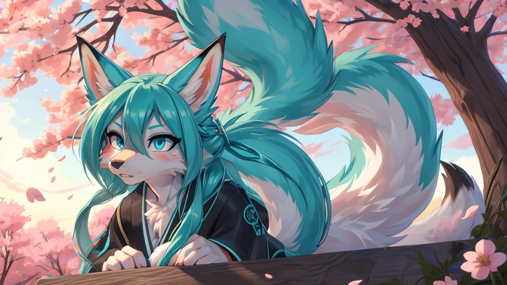 The best quality, Japanese adolescent hatsune miku x kitsune , fox face elongated snout add-detail, Surprise face, sweaty body, heated add_detail,, kitsune warrior in the spring hanami add_detail:1, barefoot add_detail:1 mistycal aura, demon slayer style, beautifull and detailed deep blue eyes