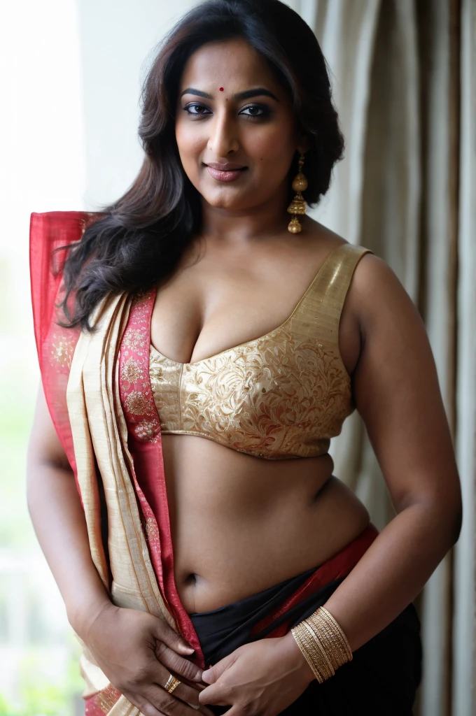 Foto RAW, photorealistic, photography, full body shot, 60 years old Woman, mascara, eye kajal, juicy figure, master shot, perfect eyes, goddess like beauty, pierced eyes, perfect thick chubby mallu Desi aunty bhabhi, Wearing a Stanapatta, a chest-band.Saree model, model Photography, Indian saree shoot, Indian traditional wear advertising photography, traditional wear brand shoot, face of Indian actress Sonakshi Sinha, masterpiece, realistic, realism, incredible details, pleasure, photorealism, detailed skin, skin pores, high contrast, photorealistic Artstation 8k HD digital art trend of high definition and detailed realistic skin texture, ultra detail, realistic skin texture, armature, best quality, ultra high definition, (photorealistic:1.4),, high resolution, detail, raw photo, sweat, Re sharp, by Lee Jefferies Nikon D850 Film Stock Photo 4 Kodak Portra 400 Camera F1.6 Lens Rich Color Ultra Real Realistic Realistic Textures Dramatic Lighting Unreal Engine Trending at Art Station Cinestill 800,(pele altamente detalhada: 1.2), 8k UHD, DSLR, soft-lighting, alta qualidade, grain of film, Fujifilm XT3,she didn't like to wear blouse or bra, she is happy to wear only saree, she hates blouse or bra, highly detailed hairy armpits, hyper realistic skin, skin pores, sweat, veins, stubble armpits, erotic temptation, appealing figure, appealing body language, fleshy arms, horny desi indian mommy, she wants to dominate young boys by showing her tempting figure, irresistibly hot, armpits hair clearly visible, freckles 0.2, stretchmarks 0.2, outstanding details, professional level photography, true mature skin texture of a middle aged Indian aunty,