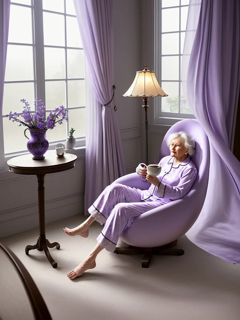 In the auxiliary table a vase with violets, a lamp with dim light, windows with curtains moving in the wind, spacious room, an 80 year old woman, in elegant pajamas sitting in an egg chair , drinking coffee.