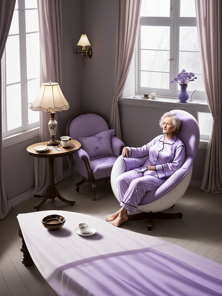 In the auxiliary table a vase with violets, a lamp with dim light, windows with curtains moving in the wind, spacious room, an 80 year old woman, in elegant pajamas sitting in an egg chair , drinking coffee.