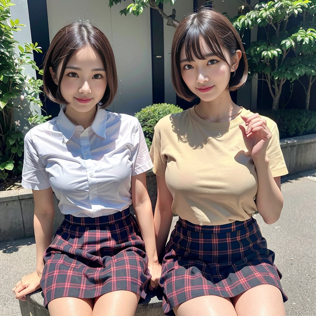 (Highest quality、8k、32K、masterpiece、Hmph:1.2)、(short hair)Cute Japanese Women Photos、(smile、blush:1.1)、Looking at the audience、(Skirts with beautiful details:1.2)、((Knee-length dark red checked skirt))、Leg details、(Huge breasts:1.3)、(Wind力上昇:1.4)、Whole Body Ezbian、Wind、city、outside of home、(holding the skirt in your hands:1.3)