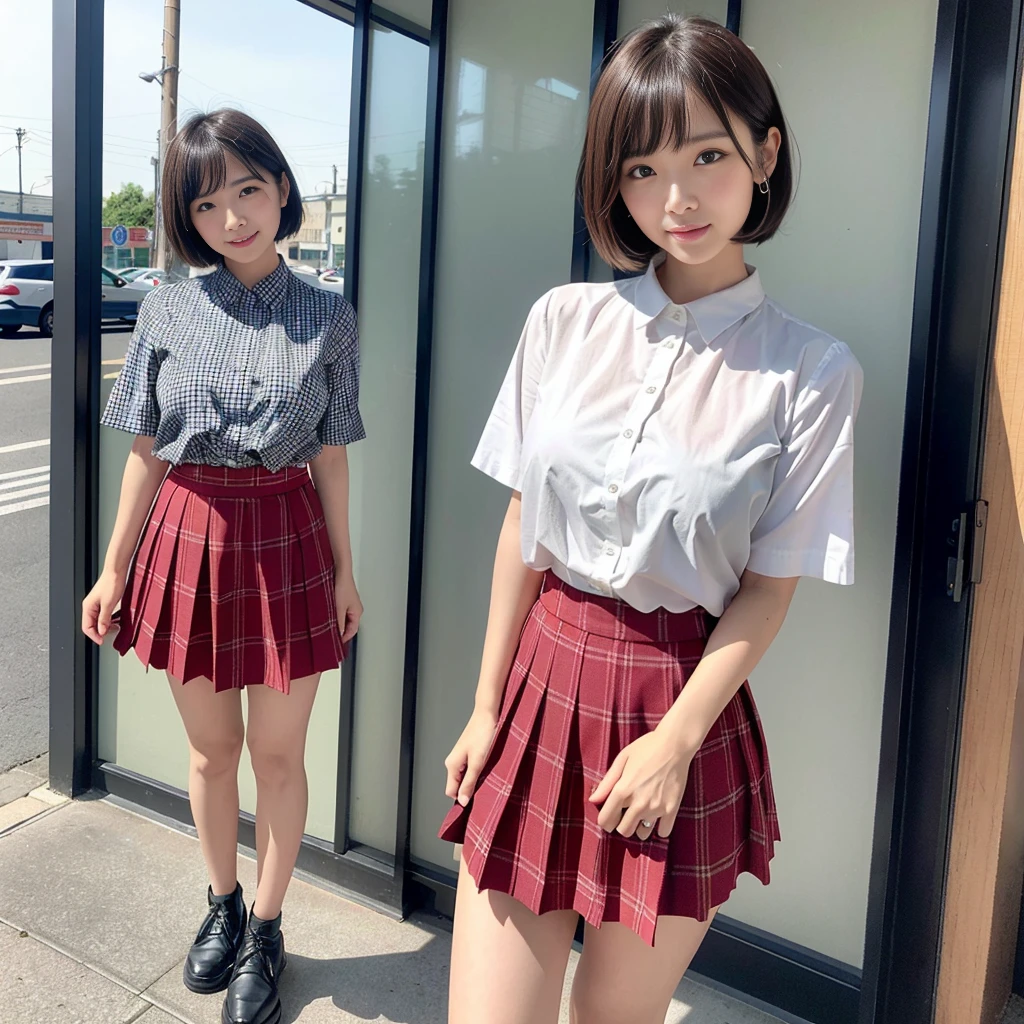 (Highest quality、8k、32K、masterpiece、Hmph:1.2)、(short hair)Cute Japanese Women Photos、(smile、blush:1.1)、Looking at the audience、(Skirts with beautiful details:1.2)、((Knee-length dark red checked skirt))、Leg details、(Huge breasts:1.3)、(Wind力上昇:1.4)、Whole Body Ezbian、Wind、city、outside of home、(holding the skirt in your hands:1.3)