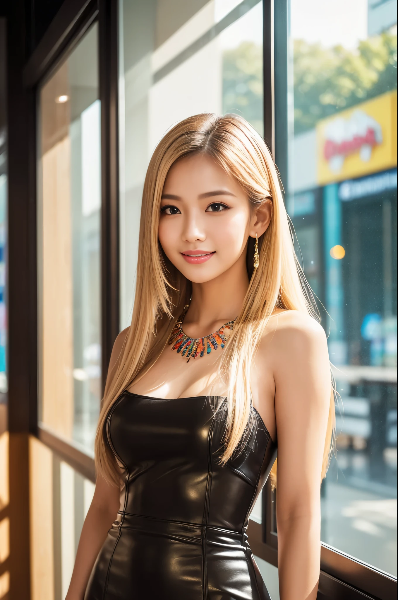 (masterpiece:1.4), (best quality:1.4), ultra high res, ultra high resolution, ((detailed facial features)), HDR, (realistic, photorealistic, photo-realistic:1.37), closeup, sexy seductive Thai woman, (seductive smile), long lashes, beautiful makeup, platinum blonde hair, fair skin, slender figure, elegant posture, wearing large sparkling colorful jewelry, wearing a business style leather dress, standing in a large shopping mall, gentle sunlight shining through the shopping mall windows, casting a soft glow on her face, adding warmth to the scene, vibrant colors, capturing the essence of vibrant city life, portrait style, showcasing her natural beauty and grace in a feminine way