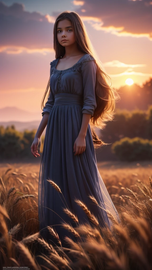 Four 12-year-old high school girls, very long straight hair, like rapunzel,little princess face,innocent, tender, totally naked without clothes, perfect erect nipples, very big huge breasts, Thin waist, long and shapely legs,Whole body, barefoot,expansive wheat field bathed in the sun of a beautiful sunset, tractor, path,ultra high definition, realist, vivid colors, muy detailed, UHD drawing, Pen and ink, perfect composition, beautiful, detailed, Intricate, increíblemente detailed, Octane rendering, trend in artstation, 8k art photography, photorealist concept art, Soft natural volumetric cinematic perfect light