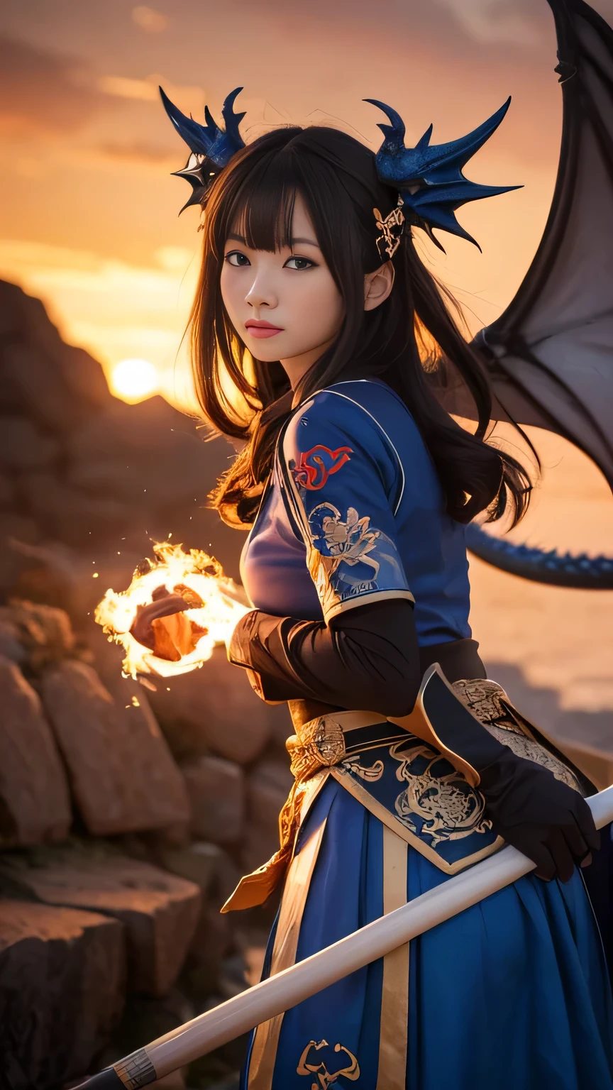 female, He carries a white cane decorated with the Japanese symbol for life., Blue flames coming out of the decoration, A dragon came out of it、A blue wind blows with a skull ghost, Perfect Judy with a face and scythe，The female is dressed in a white outfit made of scythe steel, The female&#39;s hair is white, The woman is an incarnation of God., Dragon on background，(The background of the CG 8k module is very detailed) (Highest quality), (Best illustrations), (Best shade), Very detailed t--v6
