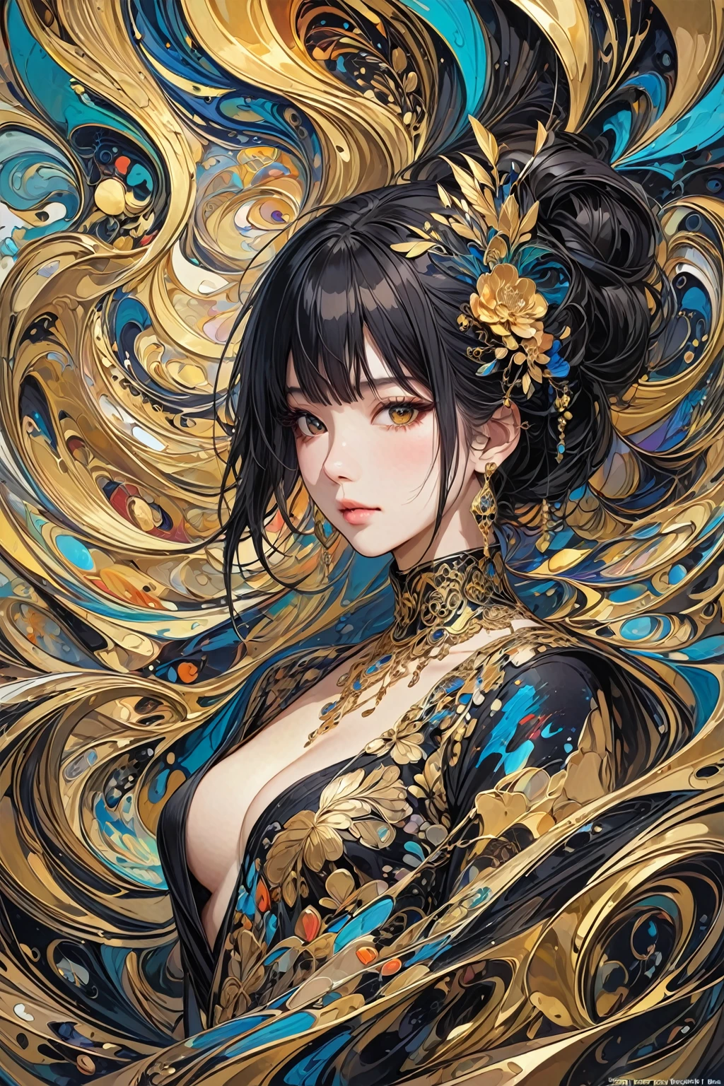 (masterpiece, Top quality, best quality, Official Art, beautiful and aesthetic:1.2),(1 Girl,Upper Body:1.3),Extremely detailed,(Abstract Art:1.2),rich and colorful,The most detailed,black and gold,