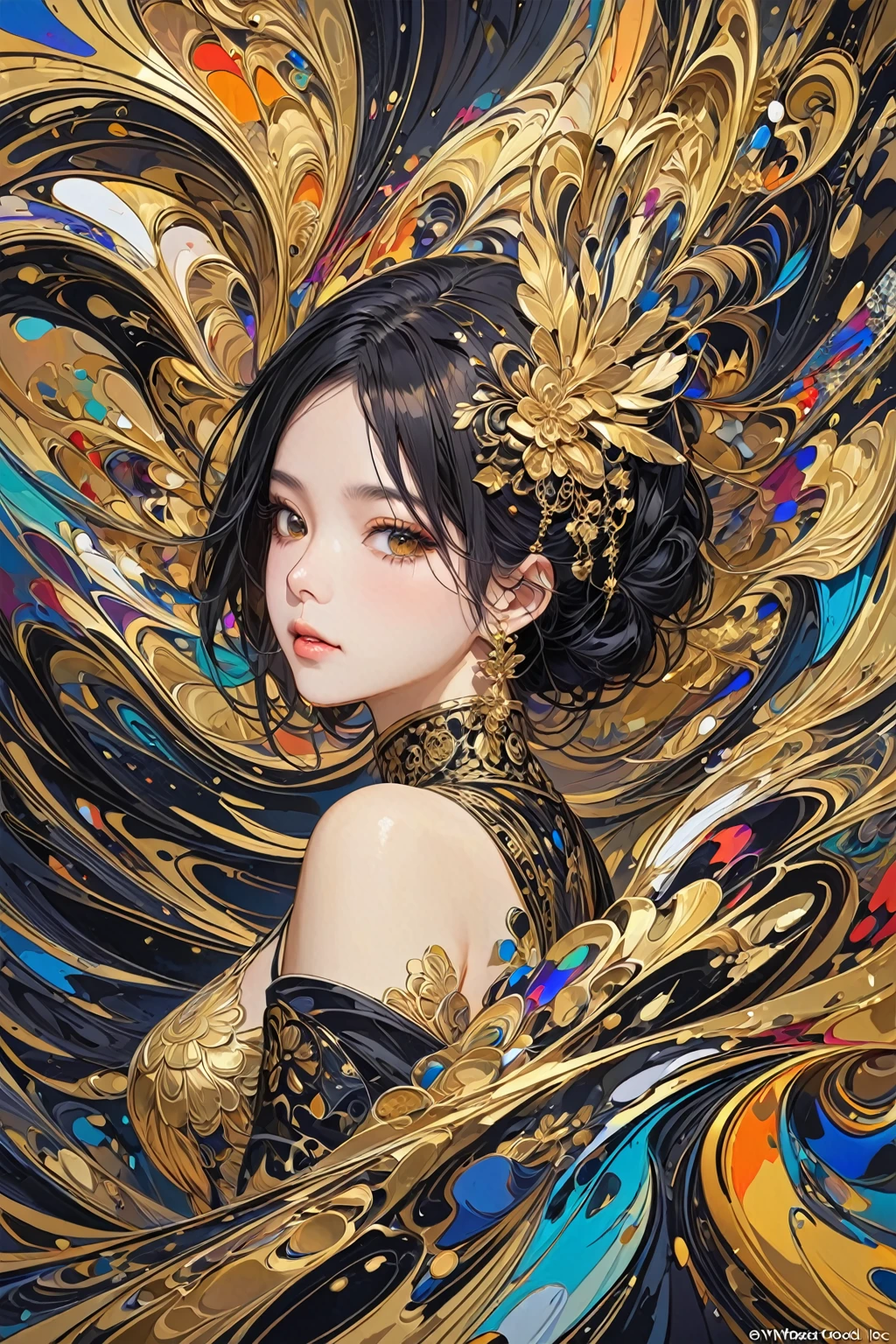 (masterpiece, Top quality, best quality, Official Art, beautiful and aesthetic:1.2),(1 Girl,Upper Body:1.3),Extremely detailed,(Abstract Art:1.2),rich and colorful,The most detailed,black and gold,