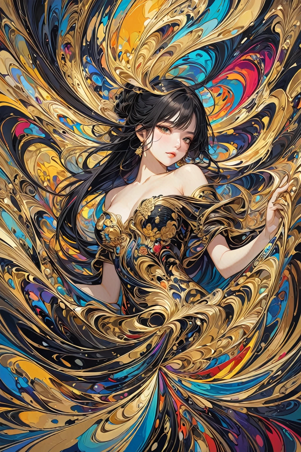 (masterpiece, Top quality, best quality, Official Art, beautiful and aesthetic:1.2),(1 Girl,Upper Body:1.3),Extremely detailed,(Abstract Art:1.2),rich and colorful,The most detailed,black and gold,